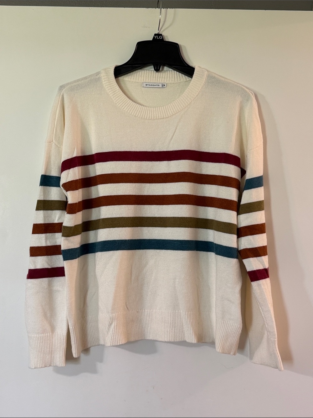 Staccato Cream Crewneck Sweater with Multicolored Stripes